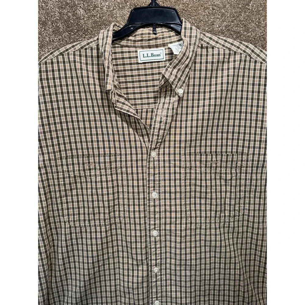 Men's LL Bean Button Down Long Sleeve Short - Large Reg - Brown Beige‎ Plaid